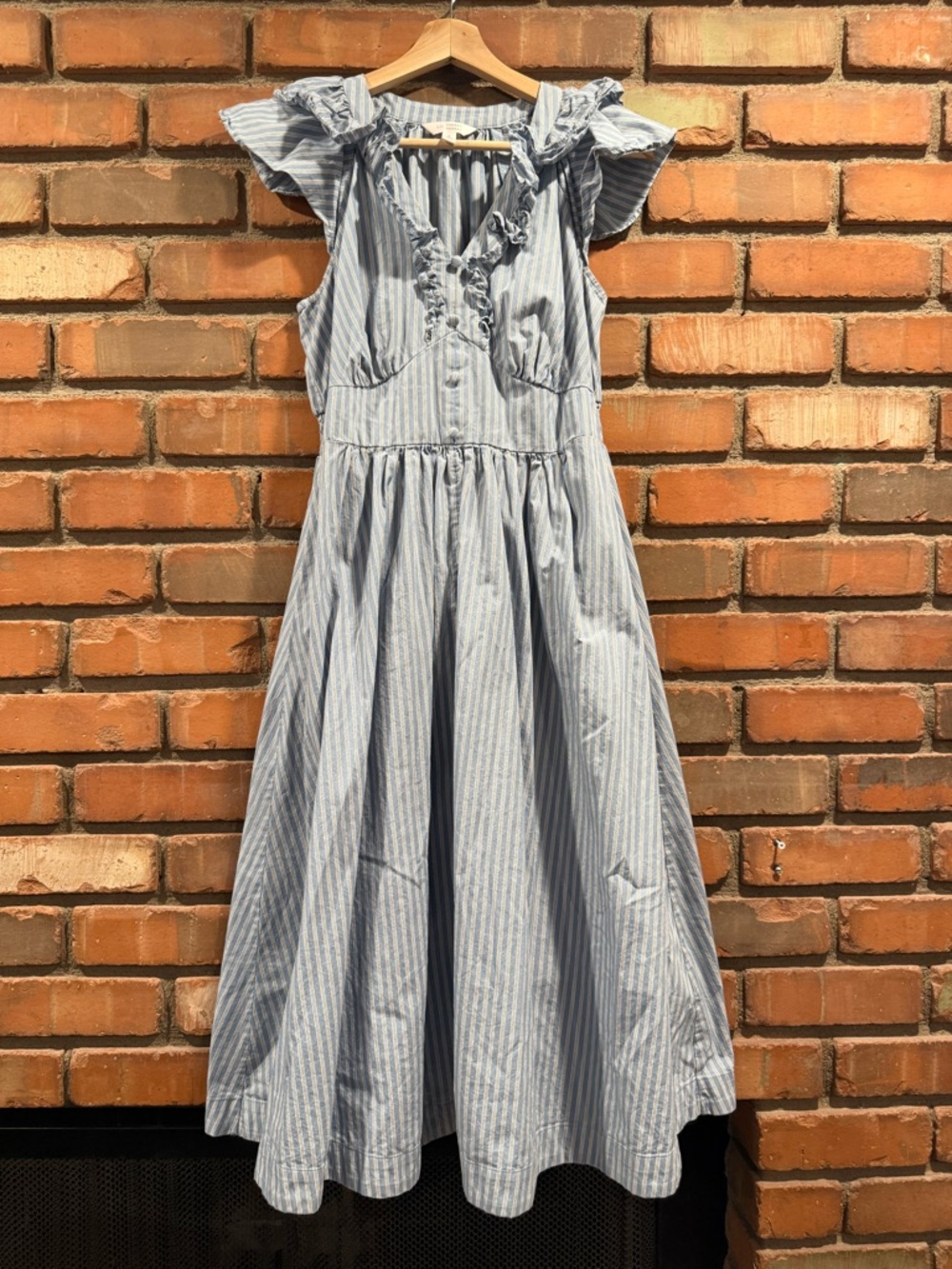 LC Lauren Conrad Light Blue and White Striped Ruffle-Shoulder Maxi Dress